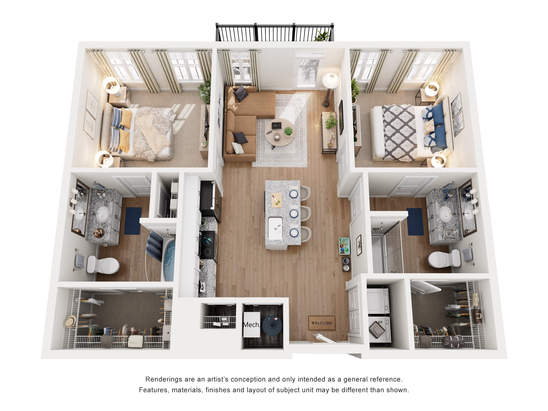 Floor plan for 2 beds, 2 baths, 1009 sqft